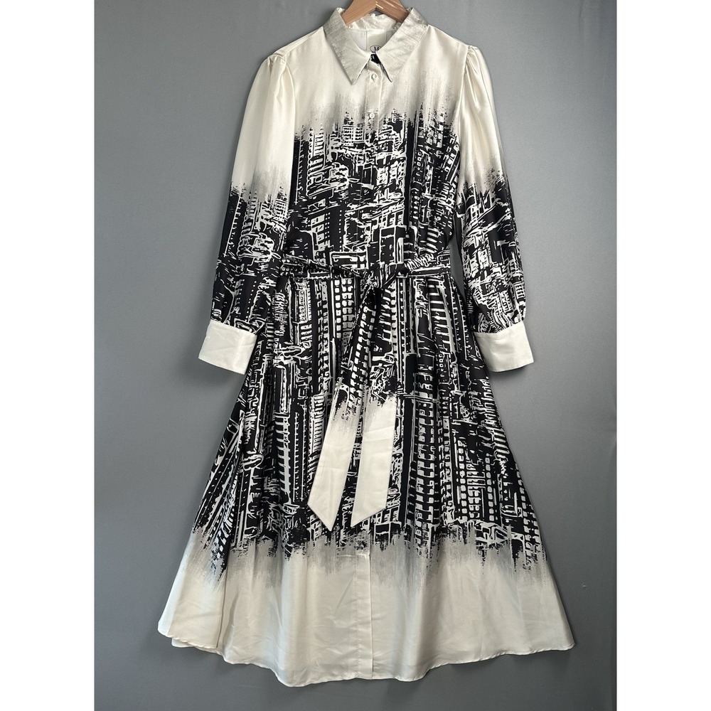 MILVA-MI ITALY Printed Multi Shirt Dress Pleated Satin Button Down Tie Waist 48